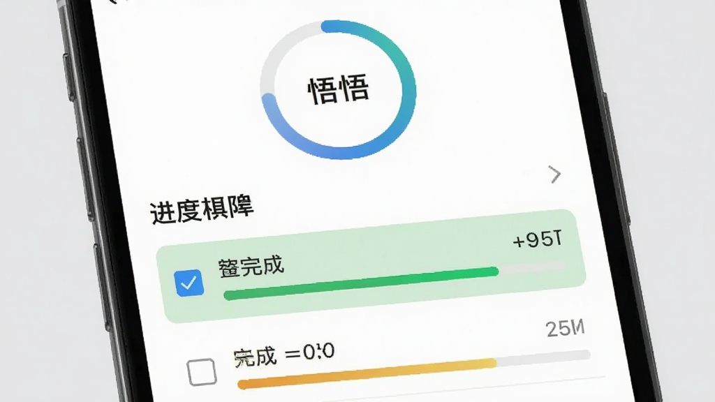 一张展示“悟悟”软件待办清单与进度追踪界面的图片,主体是手机屏幕,布局为列表加顶部进度环,排版展示已完成和未完成的任务项,风格商务简约,细节复选框和进度条清晰,画质干净无多余元素,背景为浅灰色。