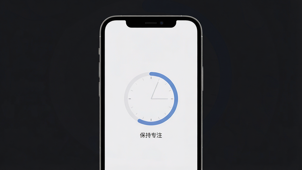 一张展示“悟悟”软件专注模式界面的图片,主体是一个极简风格的手机屏幕,布局居中,中央显示一个圆环形倒计时进度条,下方有一行小字“保持专注”,排版干净,风格宁静极简,细节清晰,画质干净无多余元素,背景为深色护眼模式。