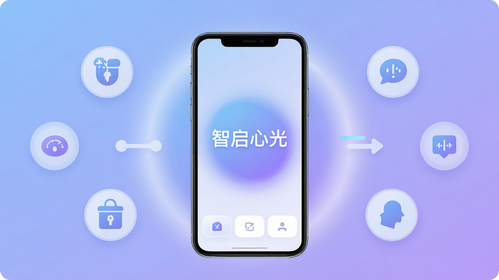 一张展示智启心光手机应用主界面的图片,画面中央是一部现代智能手机,屏幕显示“智启心光”的简洁主页,背景是柔和的蓝紫色渐变光晕,周围环绕着代表智能、便捷的抽象图标元素,布局居中对称,风格现代扁平化,细节圆润,色彩干净通透,画质清晰无多余元素。