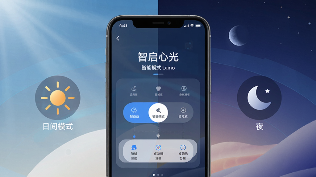 一张展示智启心光智能场景适配功能的图片,画面中手机屏幕显示“智启心光”的智能模式切换界面,背景有昼夜变化的抽象图形,左侧是太阳图标代表日间模式,右侧是月亮图标代表夜间模式,布局左右对称,风格科技感十足但不过度渲染,画质干净清晰。