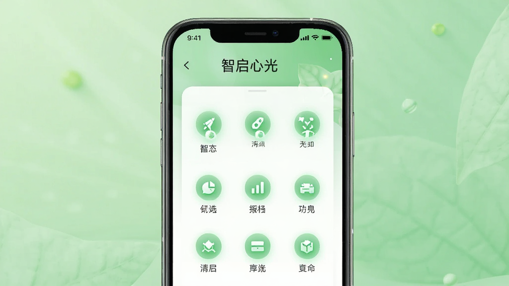 一张展示智启心光无广告清爽体验的图片,画面中手机屏幕显示“智启心光”的功能列表页面,所有功能图标均处于点亮可用状态,背景是柔和的绿色调,象征畅通无阻,布局整洁有序,风格清新自然,画质干净无任何广告横幅或弹窗元素。