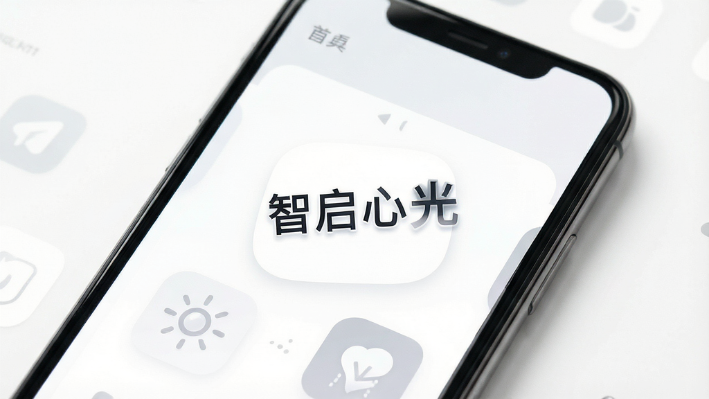 一张展示智启心光极简界面的图片,画面主体是手机屏幕特写,屏幕上显示“智启心光”应用的主页,背景为纯白与浅灰搭配,图标大而清晰,布局留有大量呼吸感,风格干净利落,光线明亮,画质锐利,无任何多余装饰元素。