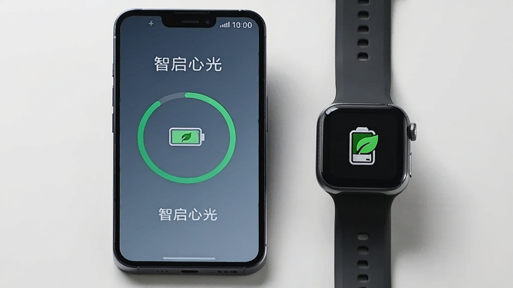 一张展示智启心光轻量省电特性的图片,画面中一部手机和一块智能手表并排摆放,手机屏幕显示“智启心光”的运行状态界面,旁边有电池图标和绿叶图标,背景简洁,风格偏向实用主义,光线柔和,画质细腻,无多余杂物。