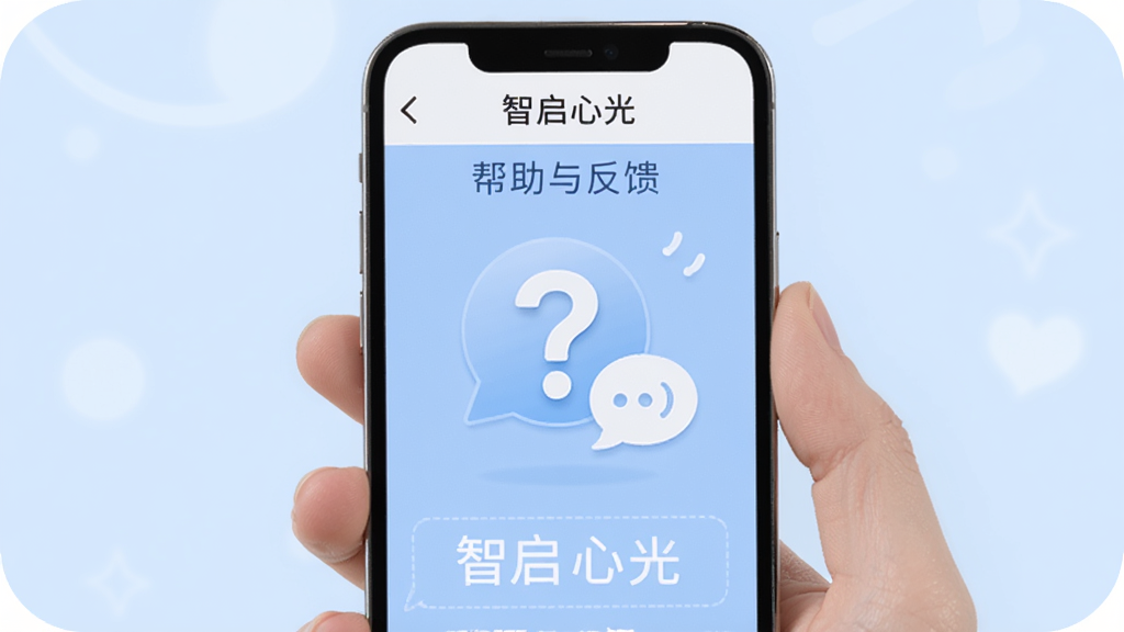 一张展示智启心光常见问题解答场景的图片,画面是手机屏幕显示“智启心光”的帮助与反馈页面,屏幕上有一个醒目的问号图标和对话气泡,背景是柔和的浅蓝色,布局简洁明了,风格友好亲切,画质干净无杂乱元素。
