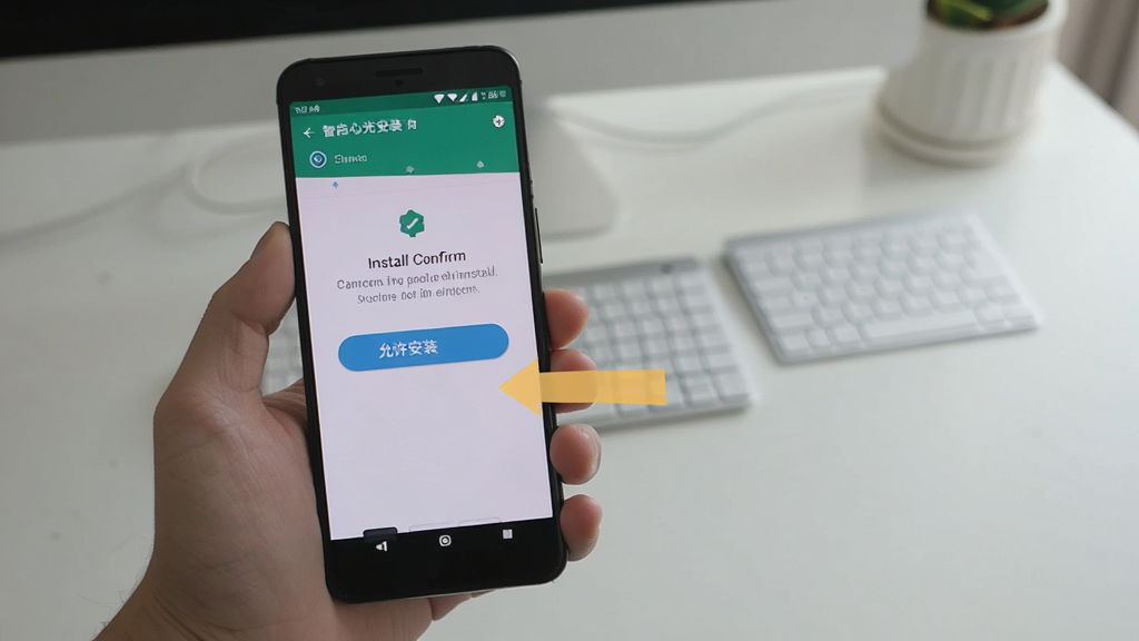 一张展示智启心光安装步骤的图片,画面是一只手拿着手机,屏幕上显示安卓系统的安装确认界面,旁边有箭头指向“允许安装”按钮,背景是简洁的桌面环境,风格写实,光线自然,画质清晰,无多余文字。