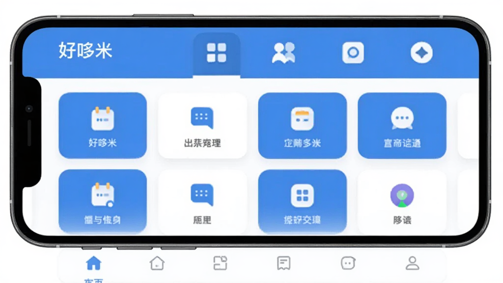 好哆米 软件主界面展示,整体布局清晰简洁,顶部显示软件名称“好哆米”和功能入口图标,中间区域为常用功能卡片式排列,底部为导航栏,整体色调以蓝白为主,风格现代扁平化,图标圆润,画质干净无多余元素,手机屏幕展示视角