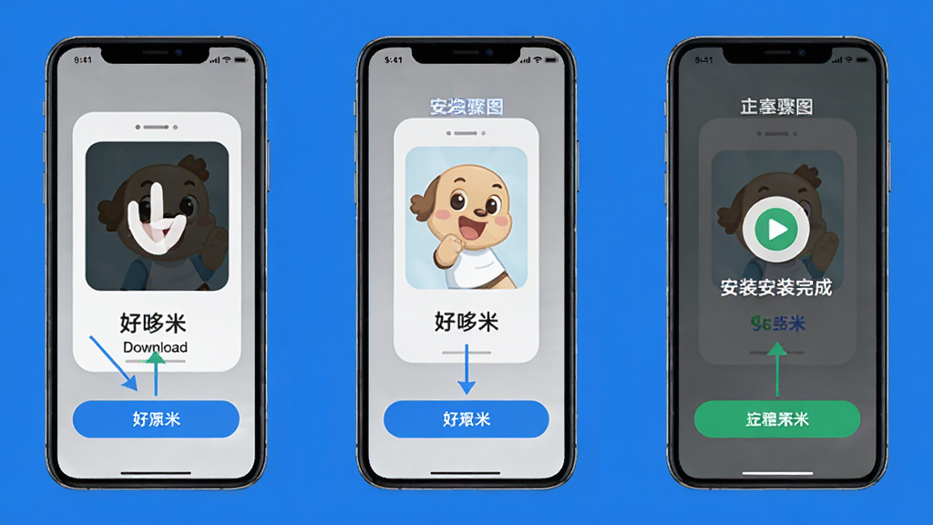 好哆米 安装步骤示意图,画面展示手机屏幕上从下载到安装完成的三个步骤截图,每步都有清晰的按钮指示,背景为纯色,风格简洁直观,画质干净