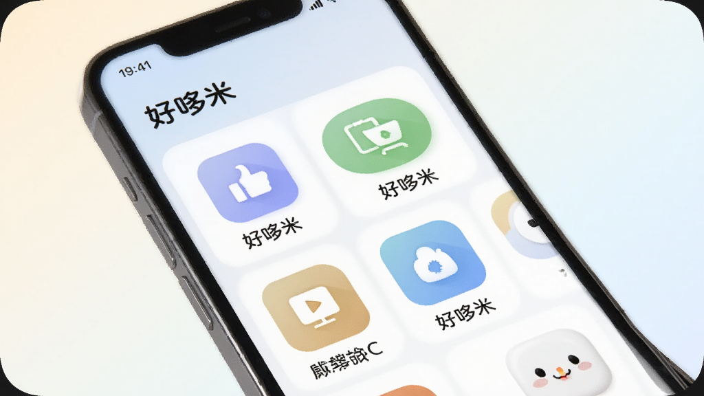 好哆米 功能展示图,画面中一部手机屏幕显示“好哆米”的多个功能模块图标整齐排列,背景为浅色渐变,风格清新简约,细节清晰,画质干净