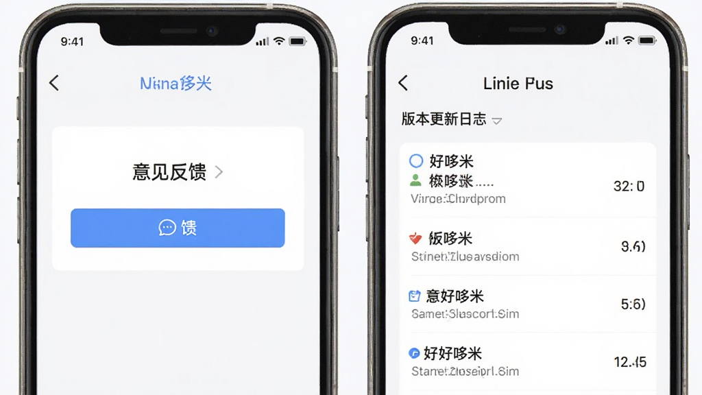 好哆米 更新与反馈示意图,画面展示软件内“意见反馈”入口和版本更新日志列表,界面以列表形式呈现,文字清晰可辨,风格简洁,背景干净,画质清晰