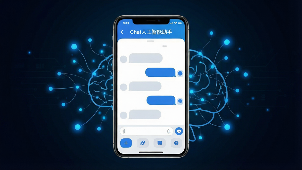 һ��չʾChat�˹���������App����ȫò��ͼƬ������������һ�������ֻ����ֻ���Ļ������ʾChat�˹��������ֵ���������棬���涥�����������ơ�Chat�˹��������֡����м��Ǽ��ĶԻ����ݣ��ײ��������Ϳ�ݹ��ܰ�ť���ֻ���Χ�����Ŵ����˹����ܵ���ɫ����˼ά������������������ɫ����Ƽ��з�񣬲��־��жԳƣ��Ű�����������ִ���Լ��ϸ��Բ��ɾ������ʸ��壬�޶���Ԫ��