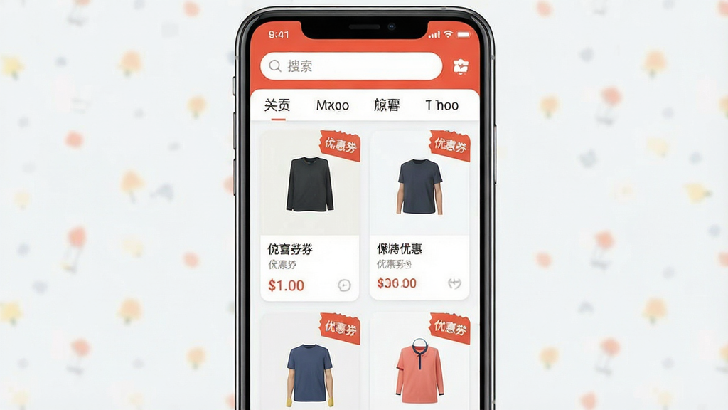 一张展示“惊喜特价购物”APP手机界面的图片,主体是手机屏幕居中显示,屏幕内是购物优惠券聚合页面,有搜索框和商品列表,布局为上下结构,顶部有搜索栏和分类标签,中间是商品卡片瀑布流,风格是现代扁平化设计,细节包括商品缩略图、价格标签、优惠券角标,画质清晰,干净,无多余元素