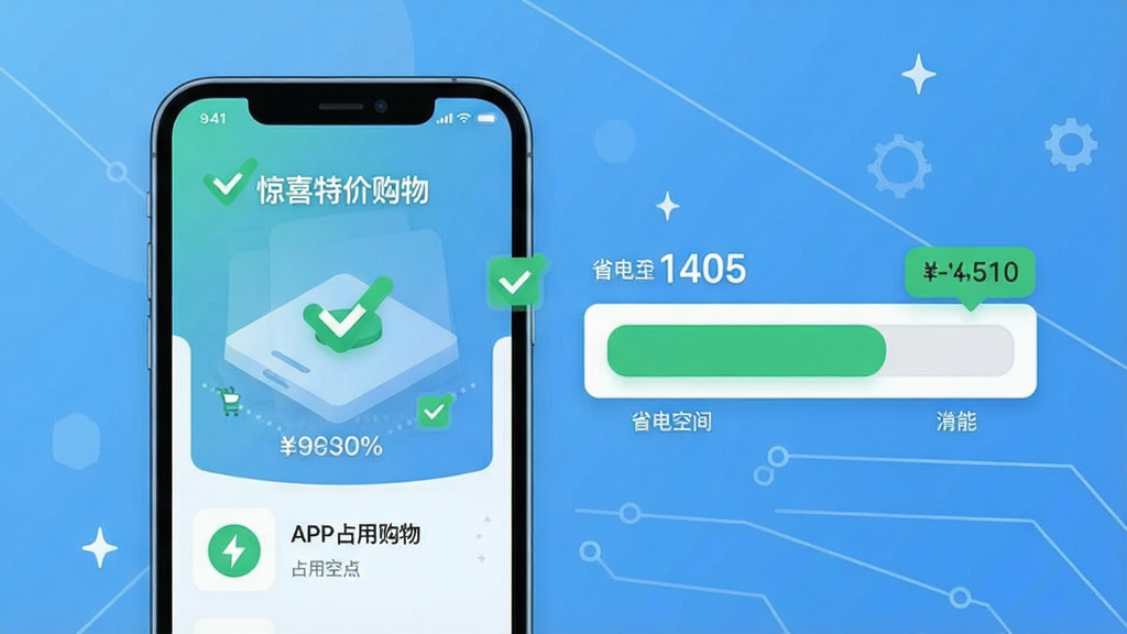 一张展示“惊喜特价购物”APP省电省内存特性的示意图,画面中是一部手机和一个存储空间指示条,手机屏幕显示APP占用空间很小的数据,布局为左右结构,风格为科技感扁平插画,细节包括绿色对勾和数字标签,画质干净,无多余元素