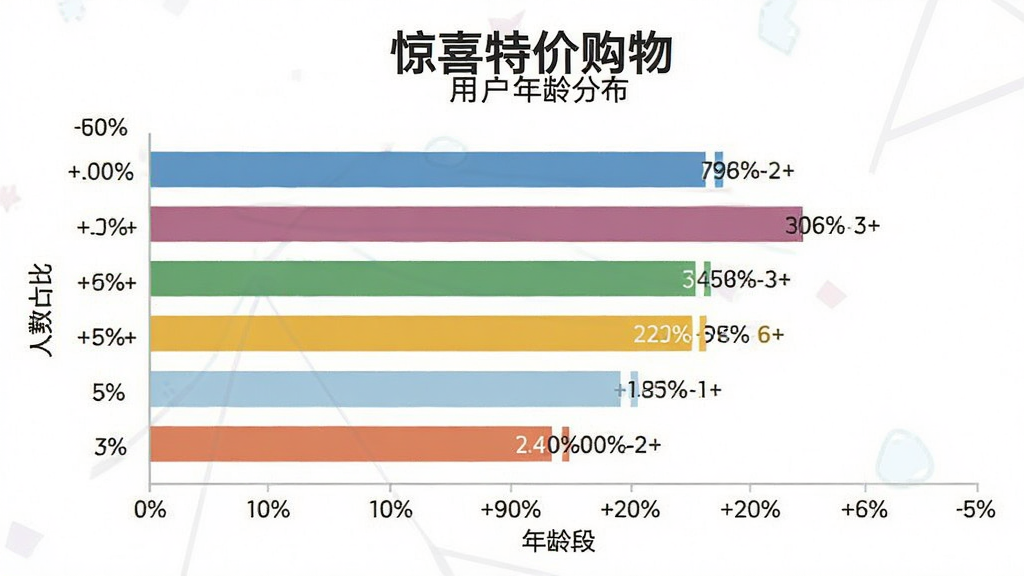 一张展示“惊喜特价购物”用户年龄分布的柱状图,画面中是一个横向柱状图,横轴为年龄段,纵轴为人数占比,布局为居中图表,风格为扁平化数据可视化,细节包括不同颜色的柱子和百分比标签,画质清晰,干净,无多余元素