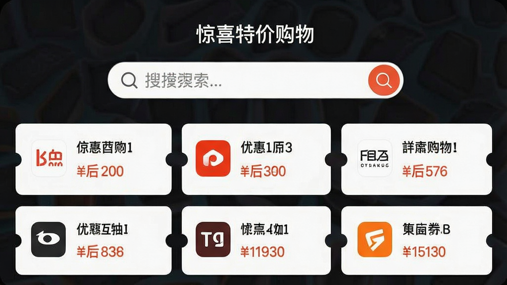 一张“惊喜特价购物”APP的界面截图,画面中央是一个搜索框,下方排列着不同电商平台的优惠券卡片,每张卡片上有平台图标和券后价格,布局清晰,风格简洁明快,画质干净,无多余元素