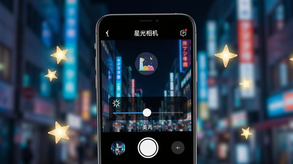 一张手机屏幕特写,屏幕上显示“星光相机”App的拍摄界面,界面中有夜景模式图标、美颜参数滑块和快门按钮,背景是城市夜晚的霓虹灯光,手机周围散落着几颗星星形状的光斑,风格为现代科技感,细节清晰,画质干净,无多余元素
