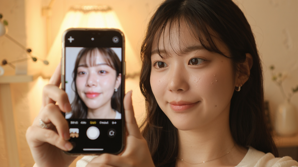 一位年轻女性在室内暖光下用“星光相机”自拍,手机屏幕显示自然的美颜效果,皮肤有质感,背景虚化柔和,风格清新自然,细节清晰,画质干净,无多余元素