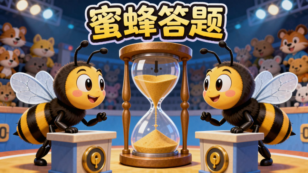 两只卡通蜜蜂面对面站在答题台两侧,中间是一个倒计时沙漏,背景是竞技场风格,观众席上坐满小动物,画面色彩明快,风格卡通,顶部有“蜜蜂答题”艺术字,构图对称,细节丰富但无杂乱元素