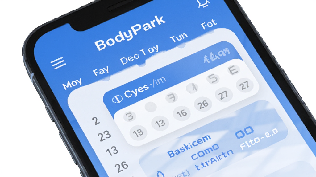 BodyPark型动私教 定制训练计划 手机屏幕显示周课表 包含核心训练和有氧运动 日历布局 蓝色和白色为主色调 现代扁平风格 细节圆润 画质干净 无多余元素