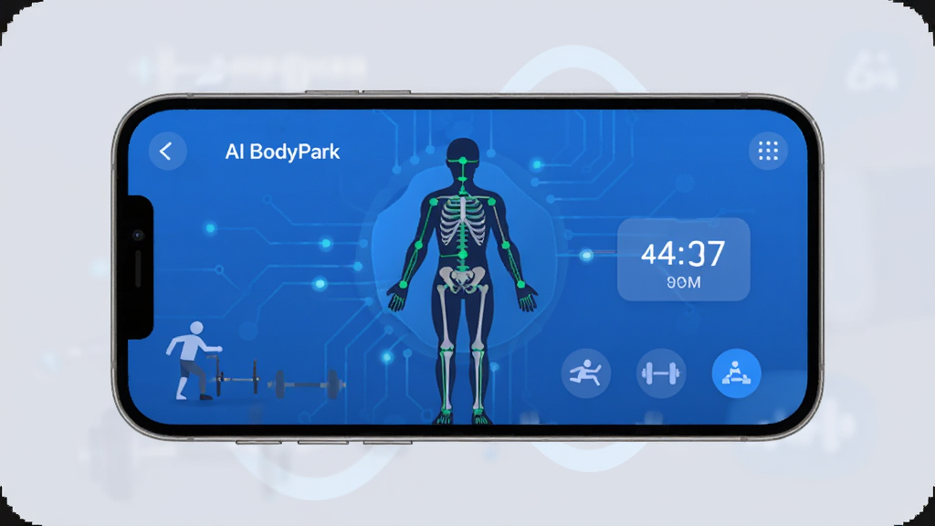 BodyPark型动私教 软件全貌 手机屏幕显示AI健身教练界面 展示人体骨骼捕捉线条和动作计数 蓝色科技感背景 布局简洁 现代扁平风格 细节圆润 画质干净 无多余元素
