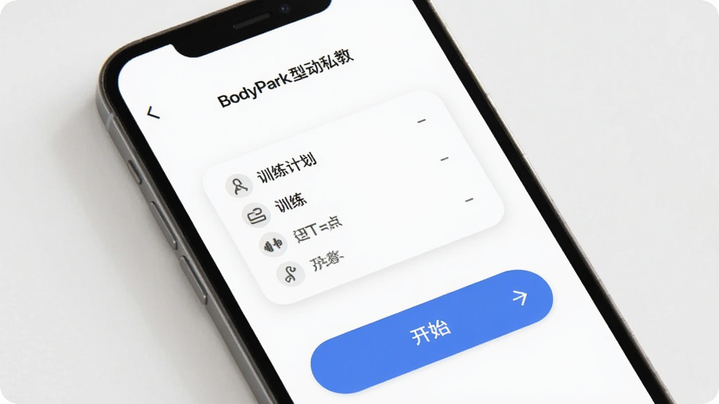 BodyPark型动私教 纯净体验界面 手机屏幕显示简洁的训练首页 无广告横幅 只有训练计划和开始按钮 白色背景 蓝色主按钮 现代扁平风格 细节圆润 画质干净 无多余元素