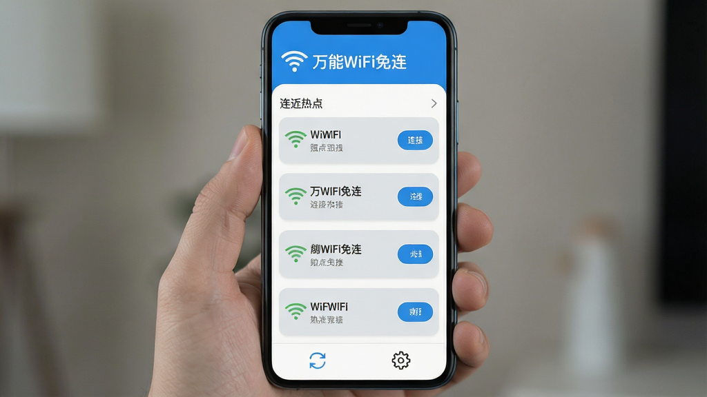 一张手机屏幕展示“万能WiFi免连”应用主界面的图片,画面主体是手机竖屏,布局为顶部显示“万能WiFi免连”蓝色标题和WiFi信号图标,中间是附近WiFi热点列表,每个热点旁边有信号强度和连接按钮,底部是刷新和设置图标,排版简洁清晰,风格为现代扁平化科技感,细节上热点列表带浅灰色背景和圆角卡片,画质干净无多余元素。