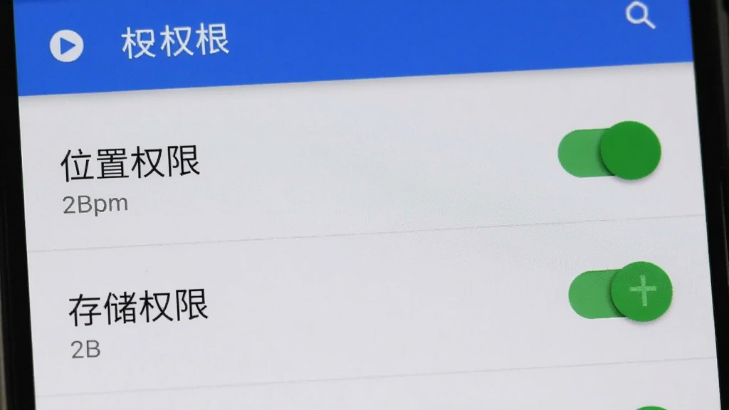 手机屏幕显示安卓系统的权限设置页面,画面主体是权限开关列表,布局为上下排列的选项,排版清晰,风格为系统原生界面风格,细节上“位置权限”和“存储权限”开关处于打开状态,画质干净无多余元素。