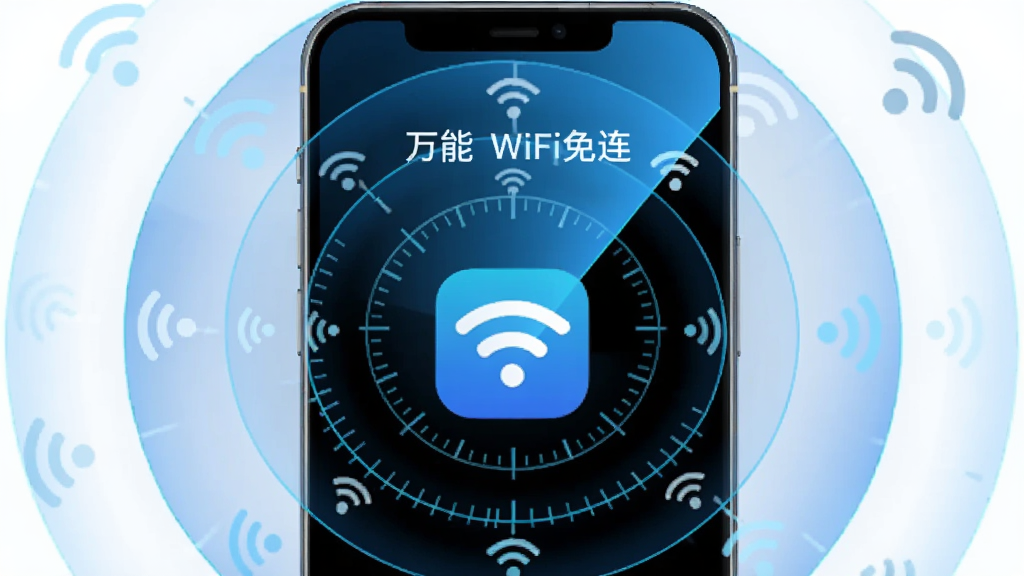 手机屏幕显示“万能WiFi免连”正在扫描附近热点的动态画面,画面主体是手机,布局为雷达扫描动画效果,中心是软件图标,周围一圈圈波纹扩散,波纹上分布着WiFi信号图标,排版动感,风格为科技蓝渐变,细节上信号图标有强弱区分,画质干净无多余元素。