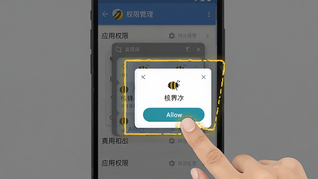 核蜂动力运营版权限设置界面操作指引,手机屏幕显示应用权限管理列表,悬浮窗和后台弹出界面权限被高亮标注,手指正在点击允许按钮,背景为纯色,风格扁平化,画质干净无多余元素