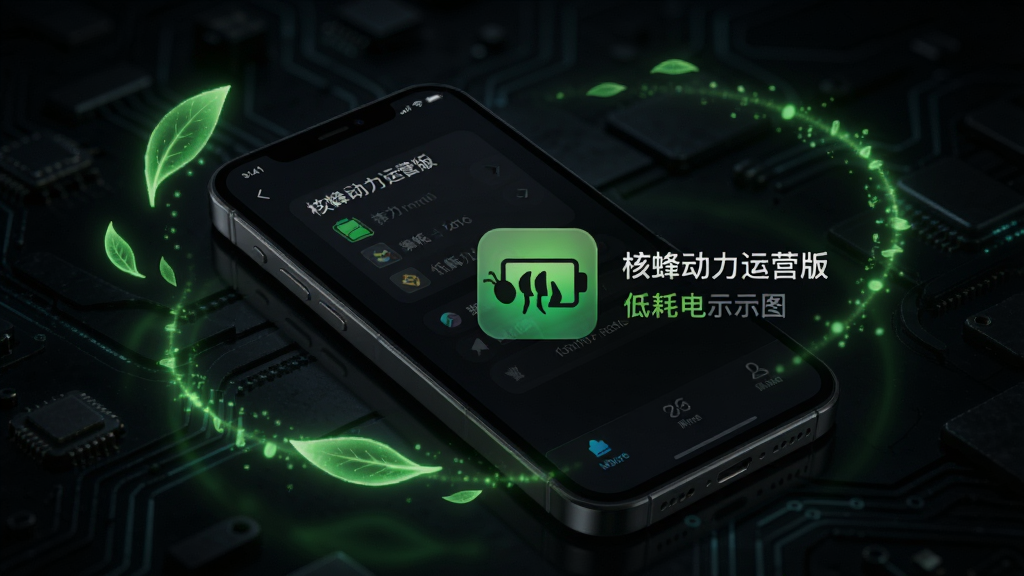 核蜂动力运营版低功耗运行示意图,手机屏幕显示电池管理界面,核蜂动力运营版图标旁标注低耗电,手机周围环绕绿色能量叶片,背景是深色科技纹理,风格简约现代,画质干净无多余元素