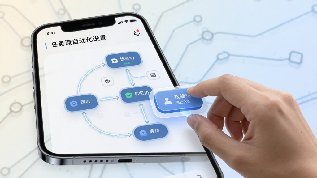 核蜂动力运营版任务流自动化设置界面,手机屏幕展示流程图式配置界面,节点和连线清晰,用户正在拖动模块进行设置,背景为浅色渐变,风格科技感,细节圆润,画质干净无多余元素