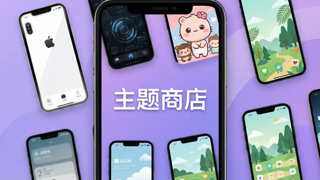 一张手机屏幕展示界面,画面中央是“主题商店”四个大字,周围环绕着各种风格的精美手机主题缩略图,包括极简白、暗黑科技、可爱卡通、清新自然等风格,背景是柔和的渐变紫色,整体布局清晰,风格现代扁平,细节圆润,画质干净,无多余元素