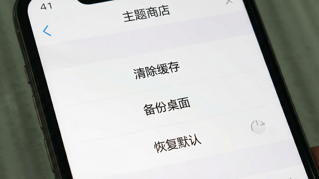 一张手机屏幕截图风格的图片,画面显示“主题商店”App的设置页面,有“清除缓存”“备份桌面”“恢复默认”等选项按钮,界面简洁,以白色和浅灰色为主,文字清晰,画质干净,无多余元素