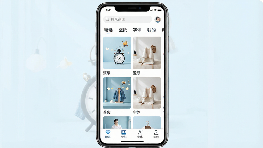一张展示“主题商店”App内部界面的图片,画面中央是手机屏幕,屏幕上显示着分类清晰的网格布局,每个格子是一个主题预览图,顶部有搜索栏和分类标签,底部有“精选”“壁纸”“字体”“我的”四个图标,整体风格清爽明亮,以白色和淡蓝色为主色调,画质干净,无多余元素