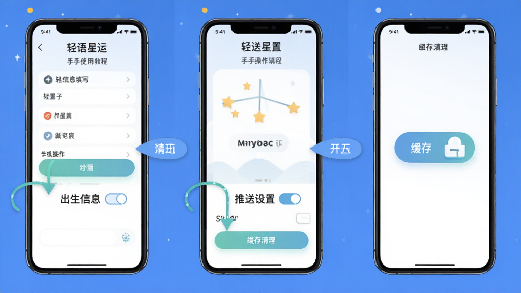 轻语星运 新手使用教程 手机操作步骤图 出生信息填写界面 推送设置开关 缓存清理按钮 简洁明了的指引标注 扁平化设计风格 干净清晰