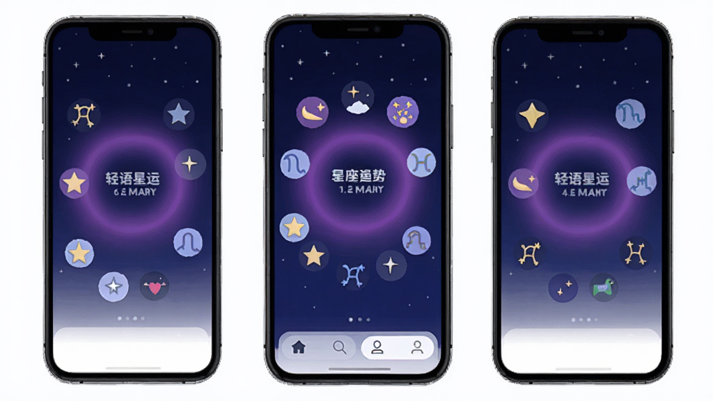 轻语星运 星座运势查询软件 手机界面展示 十二星座图标环绕 深蓝色星空背景 紫色渐变光晕 扁平化设计 简洁干净 无多余元素