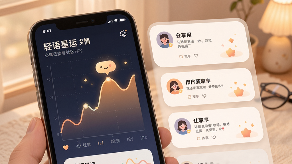 轻语星运 心情记录与社区界面 手机屏幕左侧心情曲线图 右侧用户分享卡片 温馨配色 圆角卡片设计 干净整洁 画质细腻