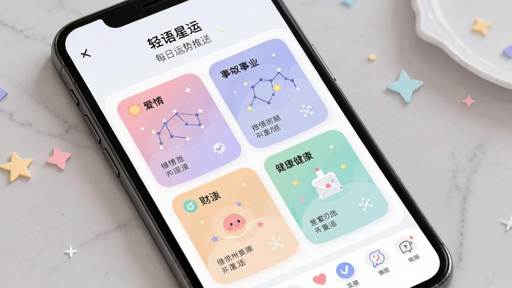 轻语星运 每日运势推送界面 手机屏幕显示星座运势卡片 爱情事业财运健康四个维度 柔和渐变配色 扁平插画风格 干净清爽 画质清晰