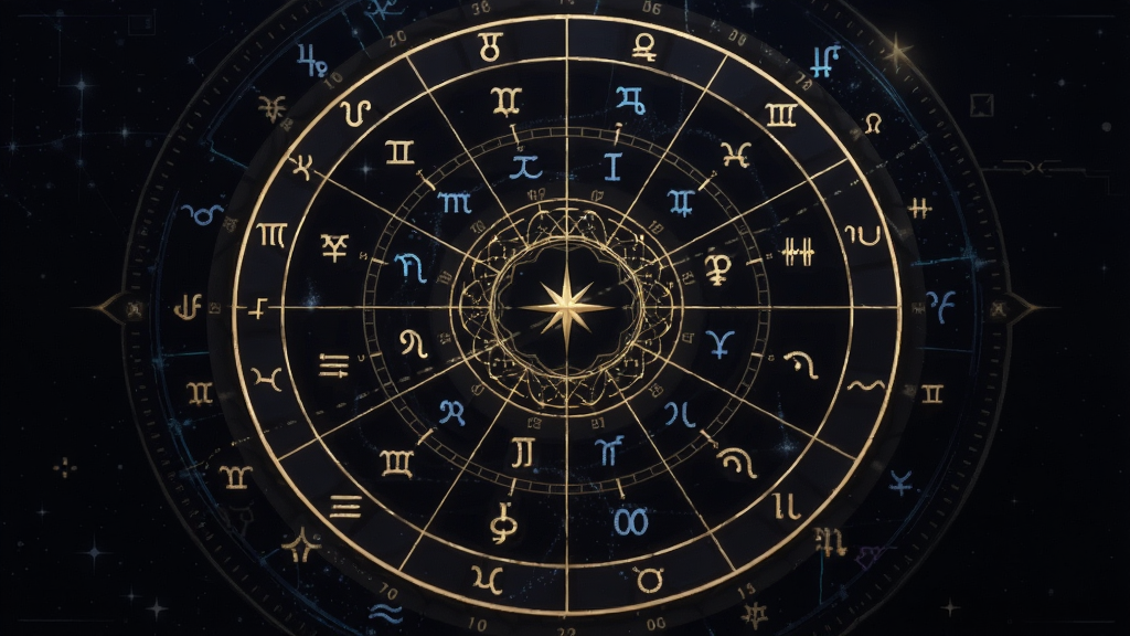 轻语星运 星盘解析功能展示 圆形星盘图 十二宫位标注 星座符号环绕 深色背景搭配金色线条 科技感与神秘感结合 细节清晰 无杂乱元素