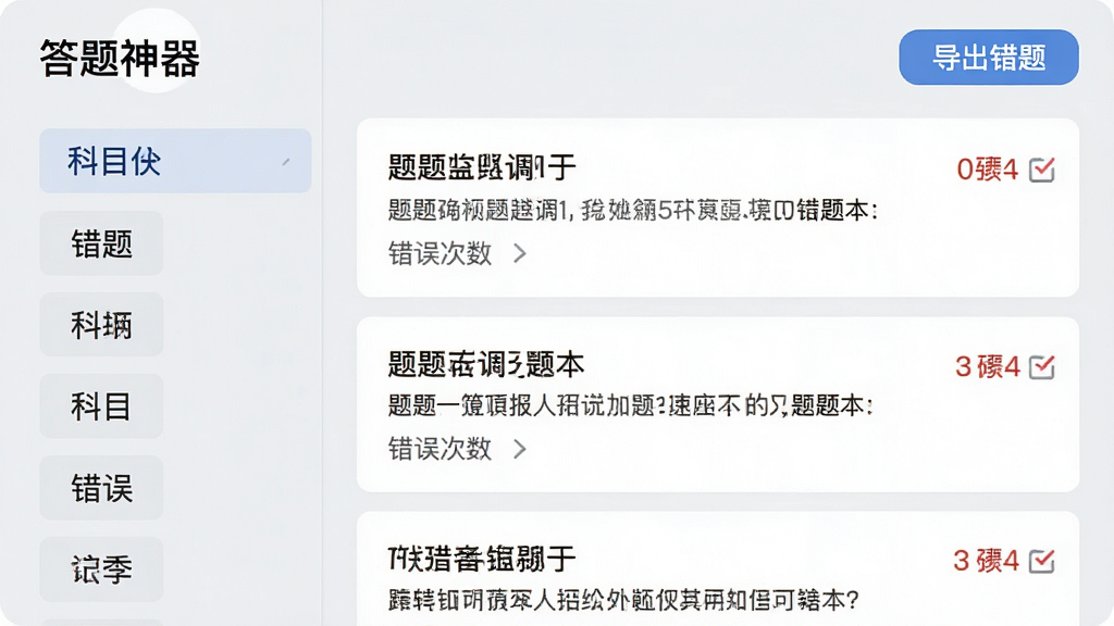 一张展示“答题神器”错题本界面的图片,界面左侧是科目分类标签,右侧是错题列表,每道题显示题目摘要和错误次数,顶部有“导出错题”按钮,背景为淡灰色,风格清爽,画质干净