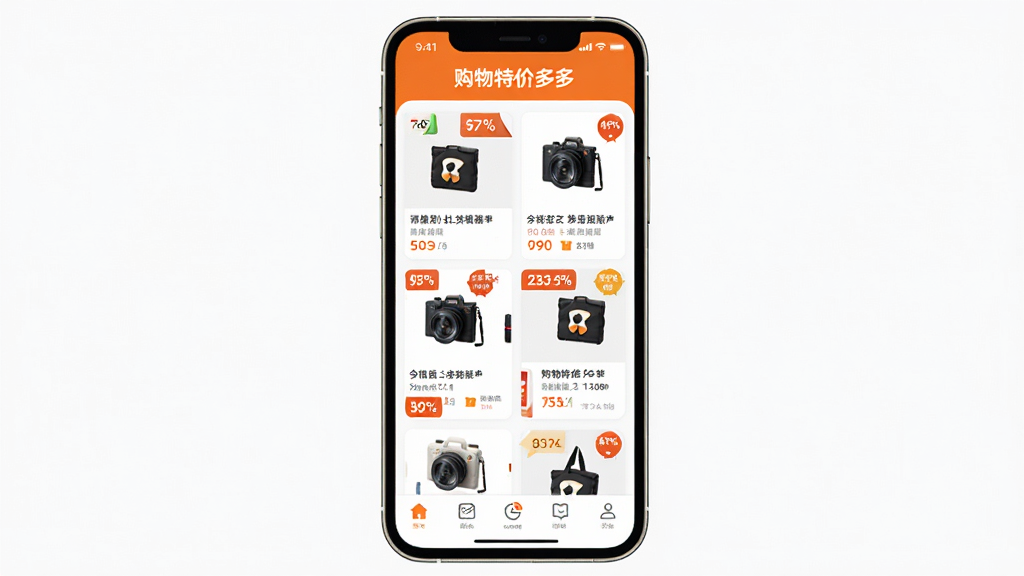 手机屏幕中央展示购物特价多多App主界面,界面顶部有
