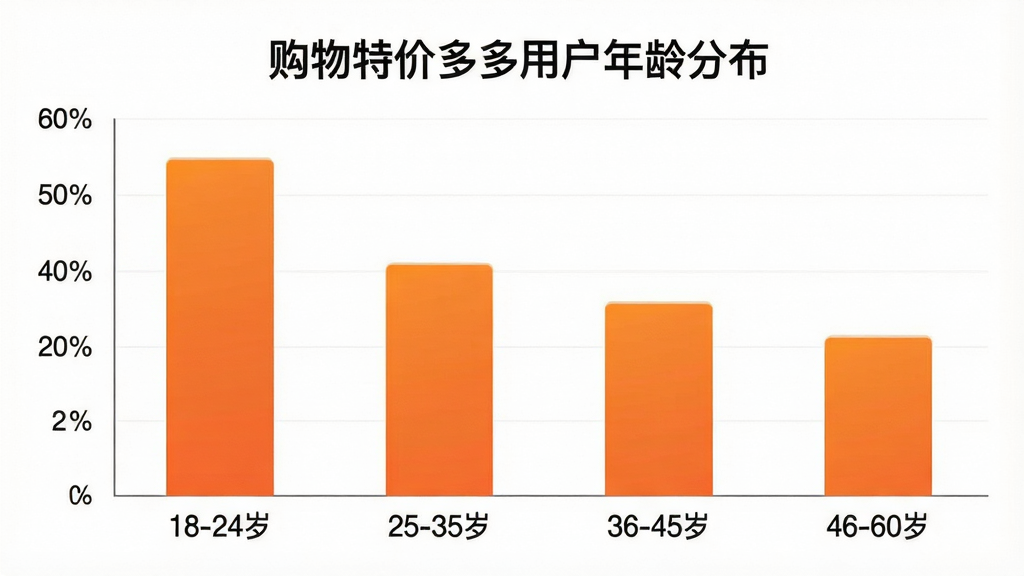 一张柱状图,展示购物特价多多用户年龄分布,横轴为年龄段