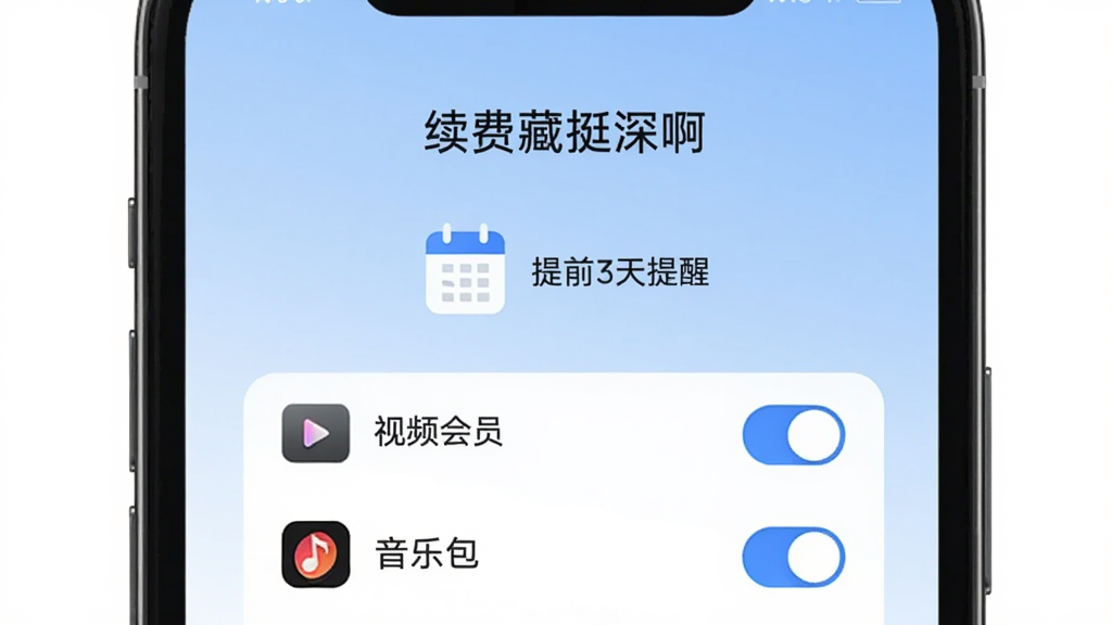 画面中一部手机屏幕显示“续费藏挺深啊”应用的提醒设置界面,界面中央有一个日历图标,旁边标注“提前3天提醒”,下方列出“视频会员”、“音乐包”等订阅项目,每个项目旁有开关按钮,背景是淡蓝色渐变,界面风格现代简约,文字标签清晰,画质干净无多余元素。