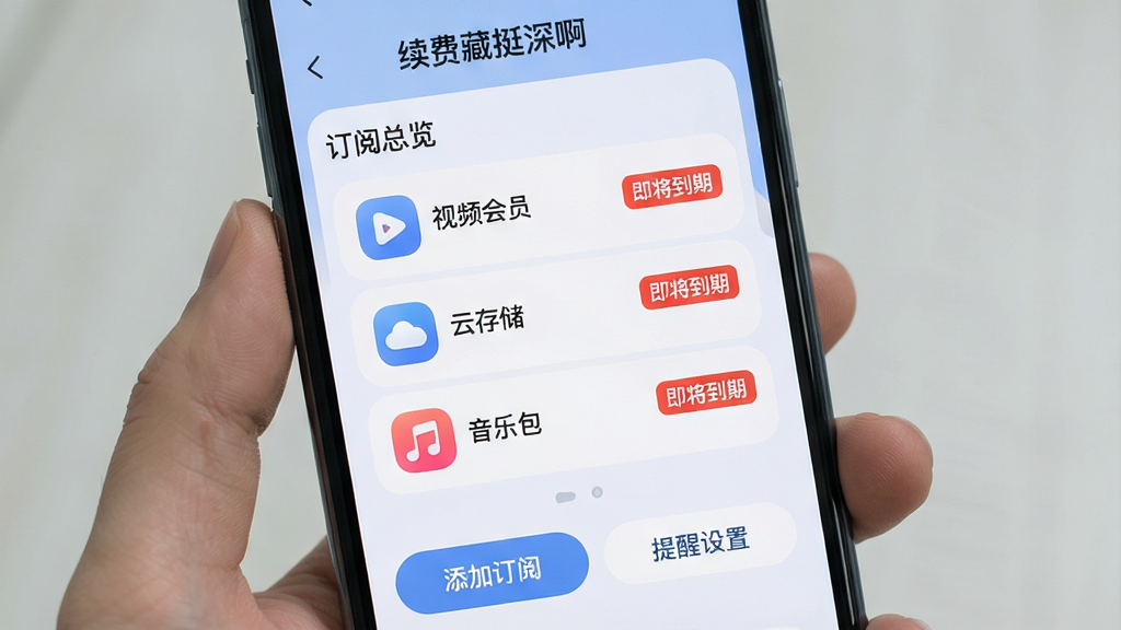 手机屏幕中央展示着一个名为“续费藏挺深啊”的应用界面,界面布局简洁,顶部是“订阅总览”标题,中间以列表形式清晰列出“视频会员”、“云存储”、“音乐包”等订阅项目,每个项目旁有醒目的“即将到期”红色提醒标签,底部有“添加订阅”和“提醒设置”两个按钮,整体采用柔和的蓝白配色,扁平化设计风格,图标圆润,画质干净清晰,无多余元素。