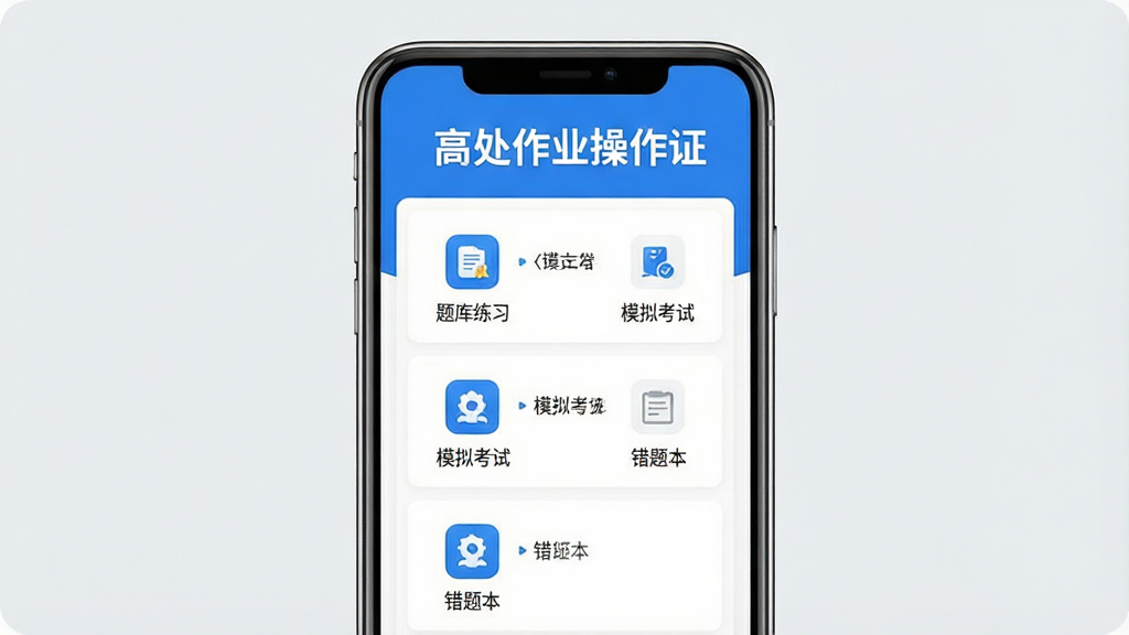 一张手机应用界面展示图,画面中央是“高处作业操作证”APP的主界面,顶部有醒目的软件名称“高处作业操作证”字样,界面以蓝色和白色为主色调,中间展示着题库练习、模拟考试、错题本等功能模块的图标,背景是干净的浅灰色,整体风格简洁清爽,画质清晰无多余元素