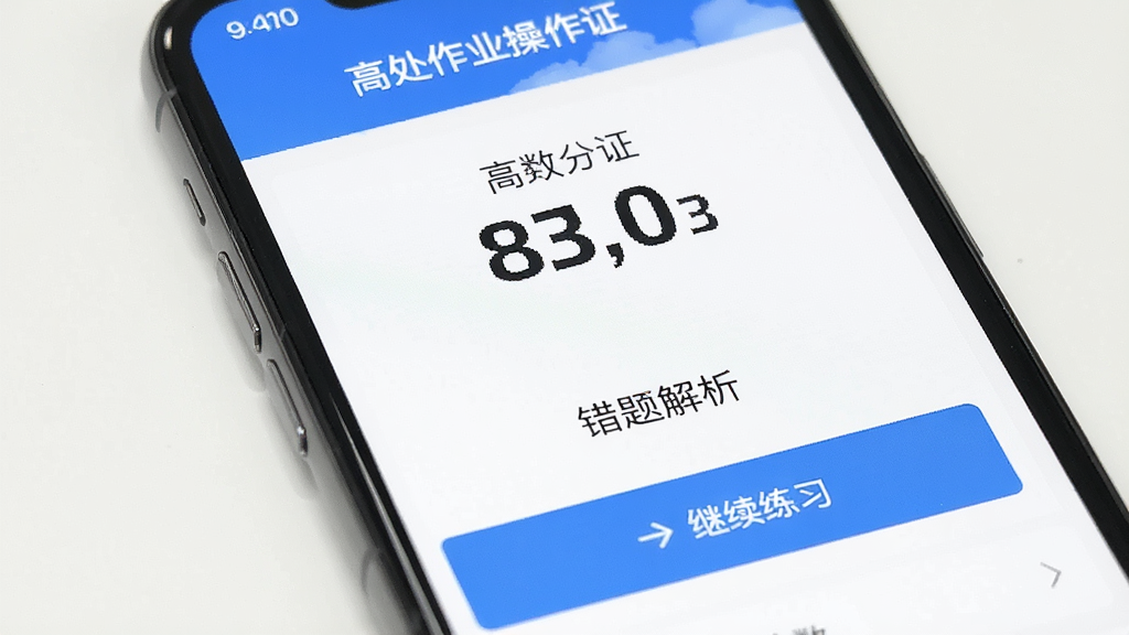 一张手机应用界面展示图,画面中显示“高处作业操作证”APP的模拟考试结果页面,顶部有醒目的分数数字,下面是“错题解析”和“继续练习”按钮,背景是干净的白色,整体风格简洁,画质清晰无多余元素