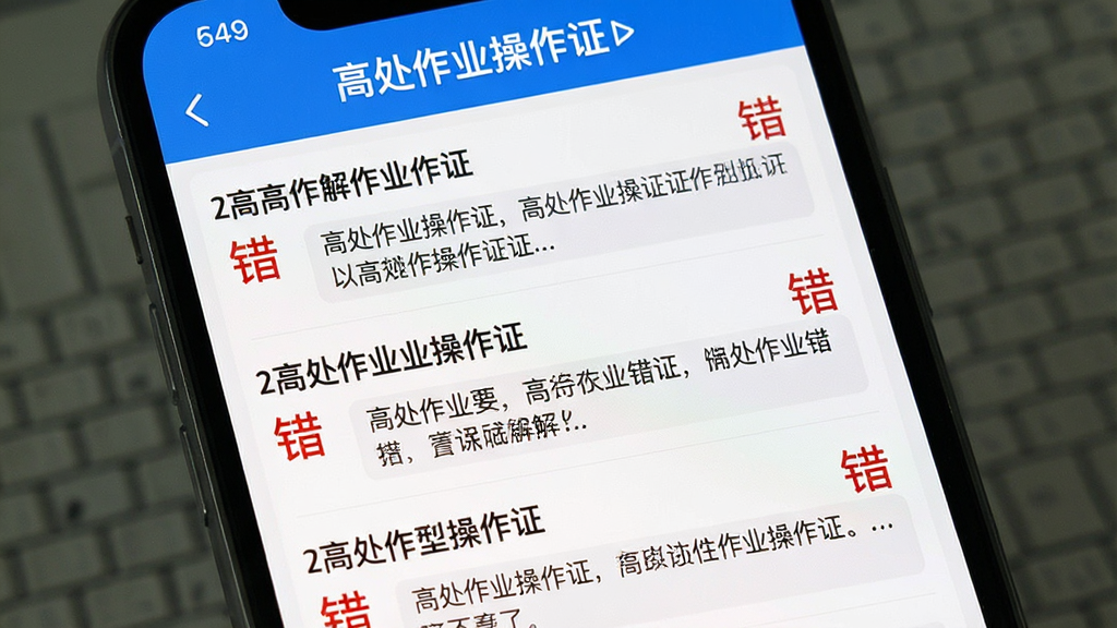 一张手机屏幕截图风格的图片,画面中显示“高处作业操作证”APP的错题本界面,列表中排列着多道错题,每道题旁边有红色的“错”字标记,点击展开可以看到详细的解析文字,界面以蓝色和白色为主色调,风格简洁清晰,画质干净