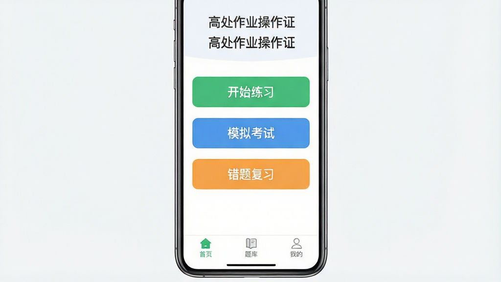 一张手机应用界面展示图,画面中显示“高处作业操作证”APP的首页,界面顶部有“高处作业操作证”字样,中间是“开始练习”“模拟考试”“错题复习”三个大按钮,底部导航栏有“首页”“题库”“我的”三个选项卡,整个界面没有任何广告横幅,背景干净清爽,风格现代扁平