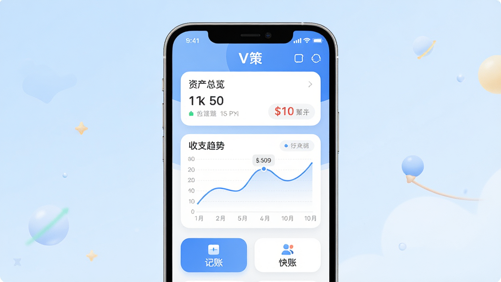手机屏幕居中展示V策应用主界面,背景是浅蓝渐变,界面包含资产总览卡片、收支趋势折线图、记账快捷按钮,风格现代扁平,细节圆润,画质干净无多余元素,画面中清晰可见“V策”字样