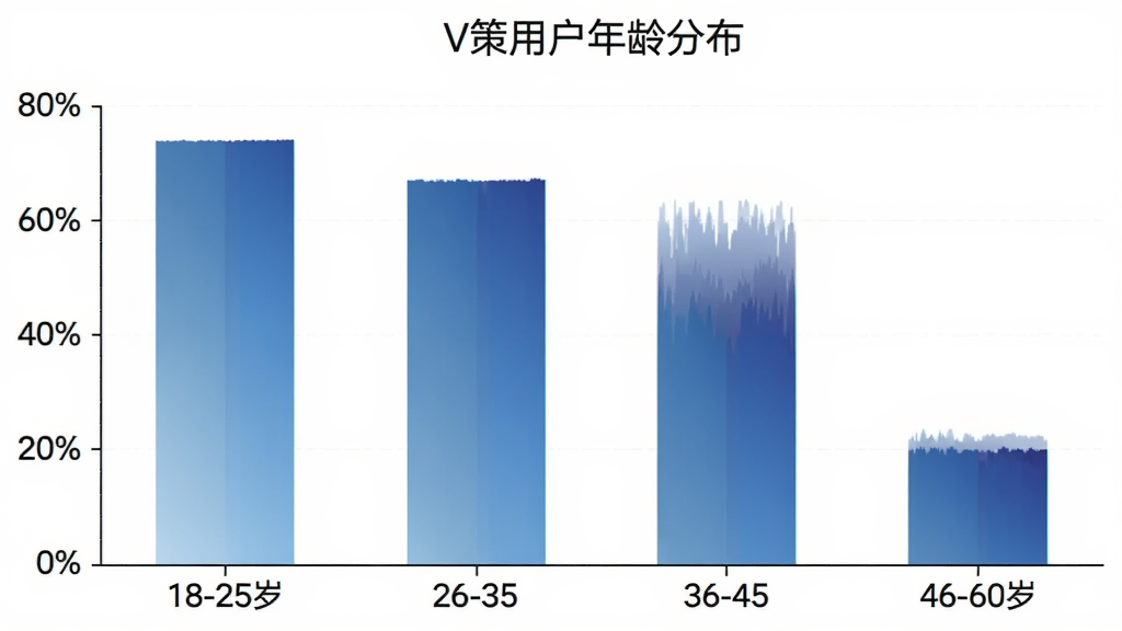 柱状图展示V策用户年龄分布,横轴为18-25岁、26-35岁、36-45岁、46-60岁,纵轴为用户占比百分比,柱状颜色从浅蓝到深蓝渐变,图表标题为“V策用户年龄分布”,背景干净,画质清晰,无多余装饰元素