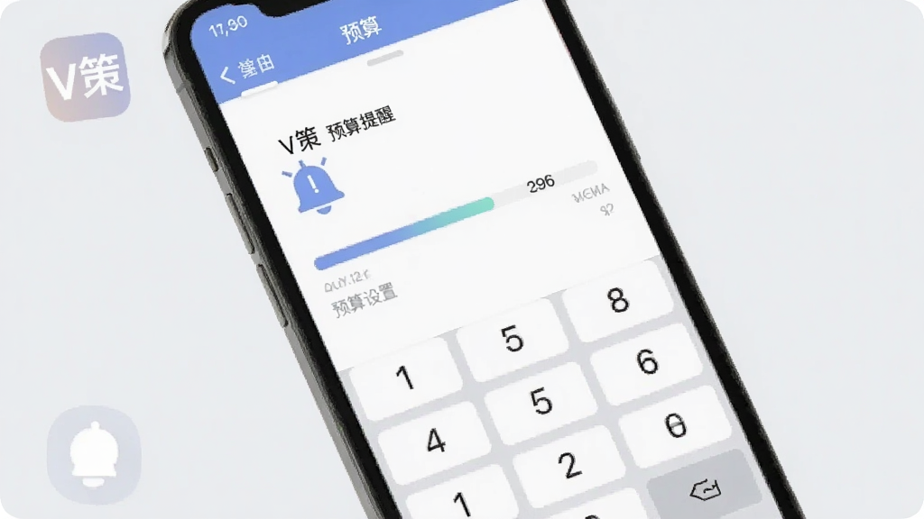 手机屏幕显示V策的预算设置界面,有进度条和数字键盘,界面上有“预算提醒”文字,背景简洁,风格扁平化,画质干净,带有“V策”应用图标